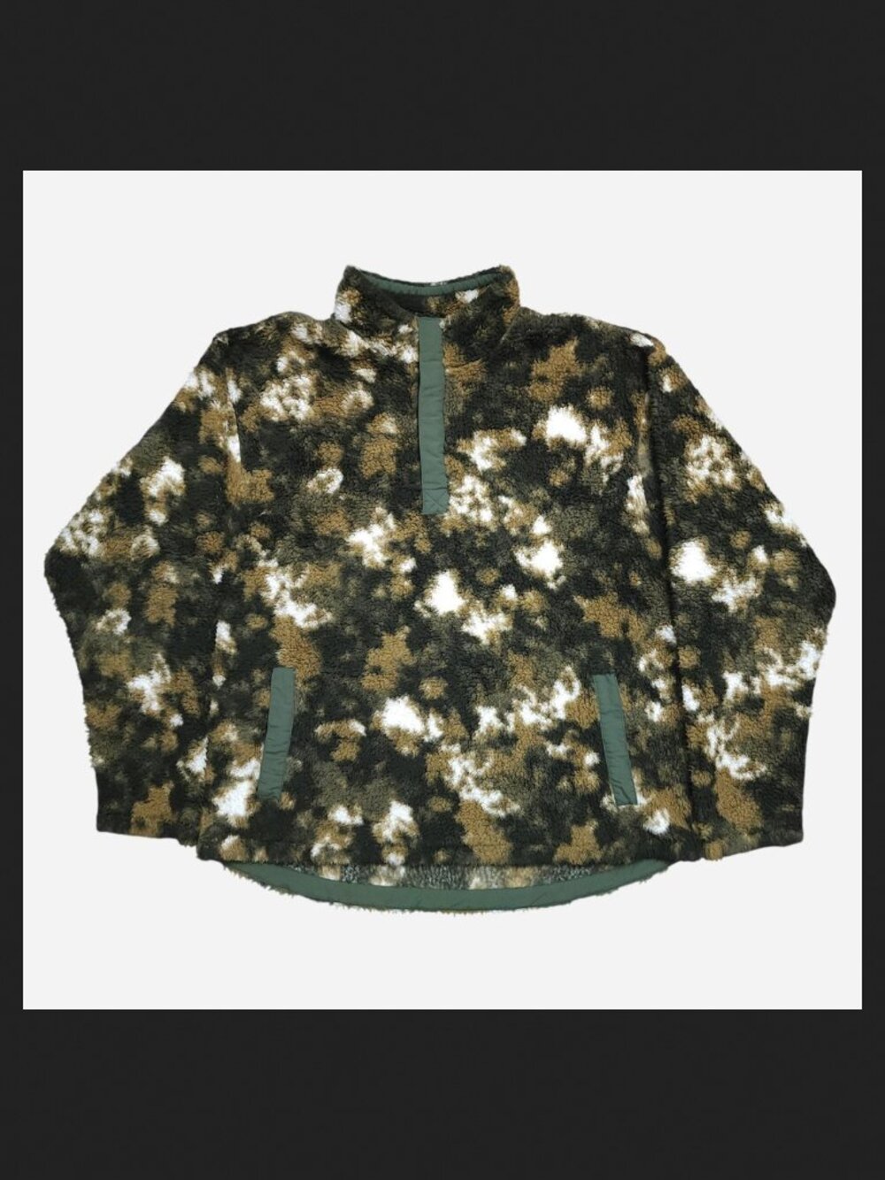 Zella Half Snap Camo Fleece Pullover in green, brown, and white